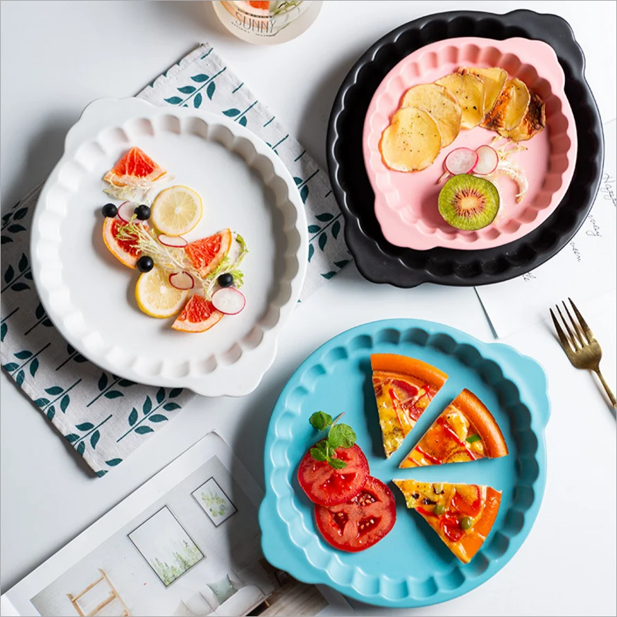 Круглый набор для выпечки креативного дизайна с двумя ручками, керамическая фарфоровая посуда для выпечки, Кухонное блюдо для торта, макарон, пирог, пицца, набор противней