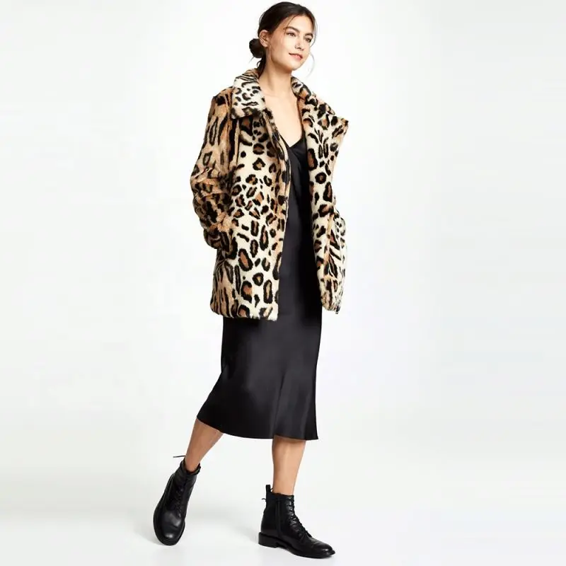 Custom brand winter leopard-print zipper oversized causal coat animal printed faux fur coat for women