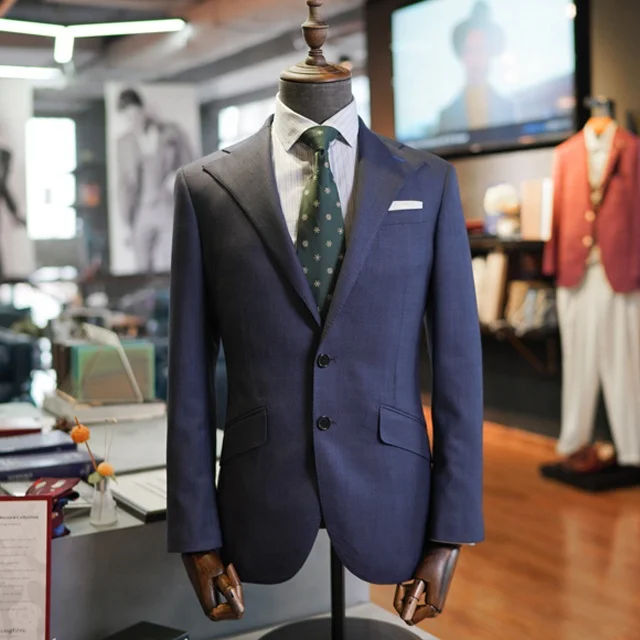 Hand made Half Canvas Inner-curvy Shape Lapel Tailor Custom Bespoke Business Suits 2 Piece Blue Suit For Men CMT