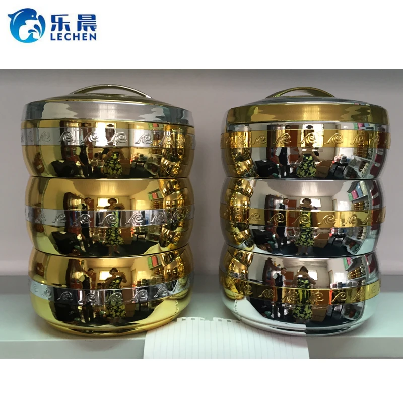 Three-layer Round Electroplated Stainless Steel Cookware Insulated Stock Pot Handle Lunch Box Set Stock Pot