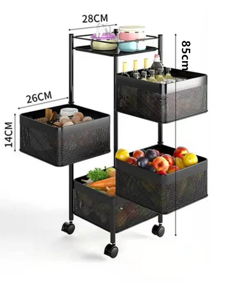 Wholesale  Modern 4 Layer  Metal Frame Shelf with Four Wheels Removable Shelving Fruit Storage Rack