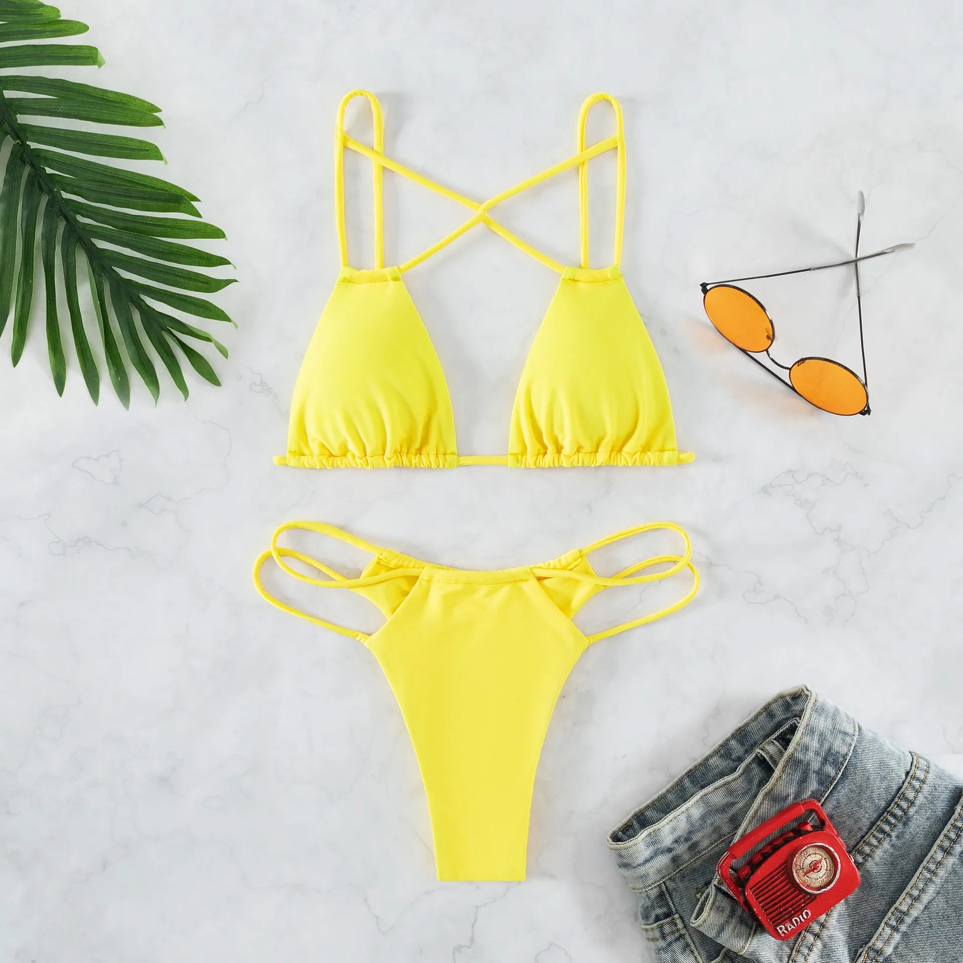DAMOCHIC China Wholesale Private Label Bikini Swimwear Mature Women in Tiny Bikinis Yellow Hot Sexy Micro Thong Sheer Swimsuit