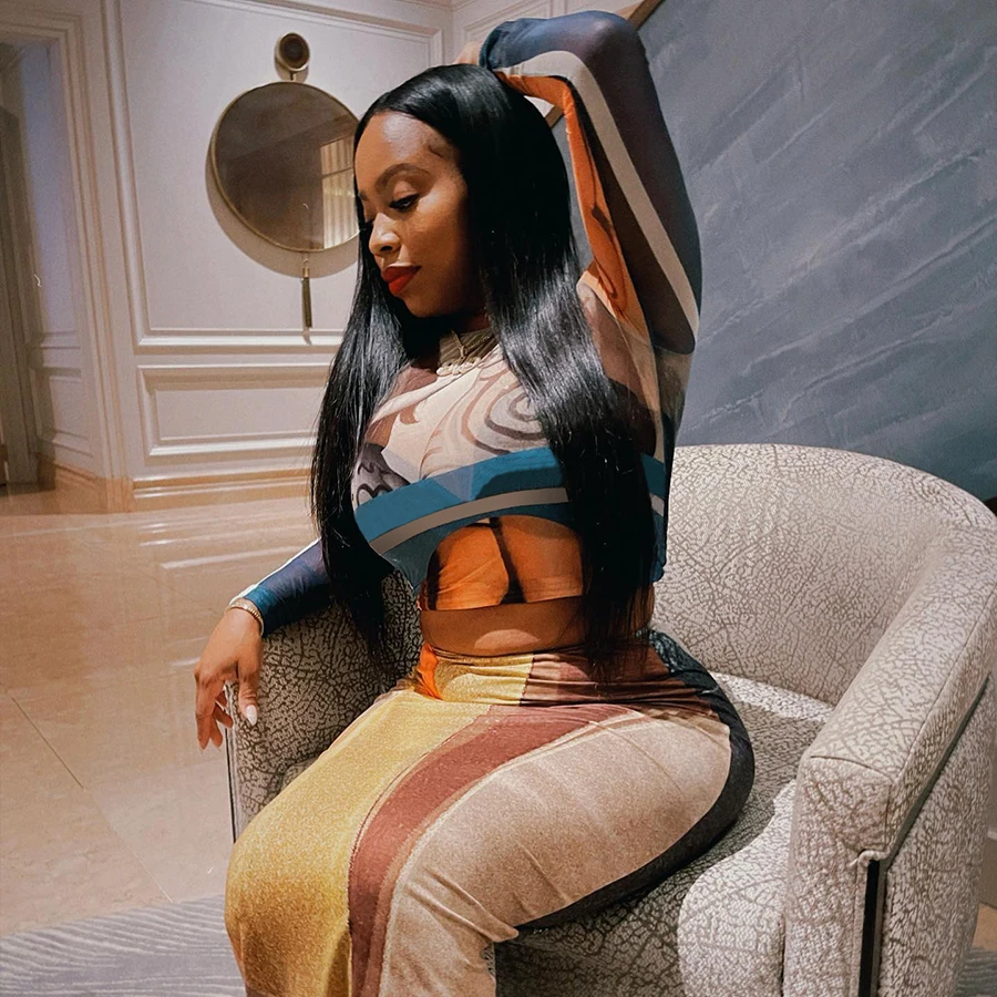 K22S21829 Printed Mesh Shirt Match Midi Skirt 2 Pieces Outfit Party Clubwear Women Two Piece set