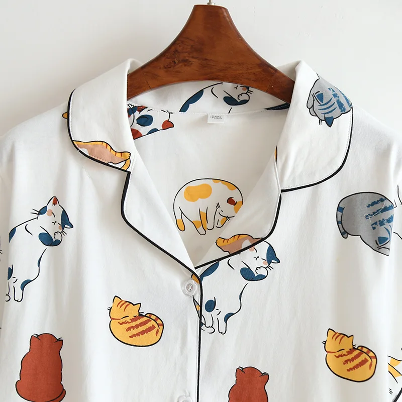 New Ladies Pajamas Set Floral Printed Full Cotton Fresh Style Sleepwear Set Women Turn-down Collar Female Casual Homewear