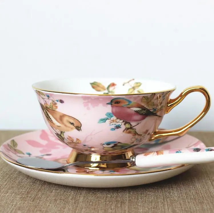 European style  Bone China Tea Cup Saucer 150ml Luxury Spring Pattern Bone China Bright Color Rim Floral Tea Cup