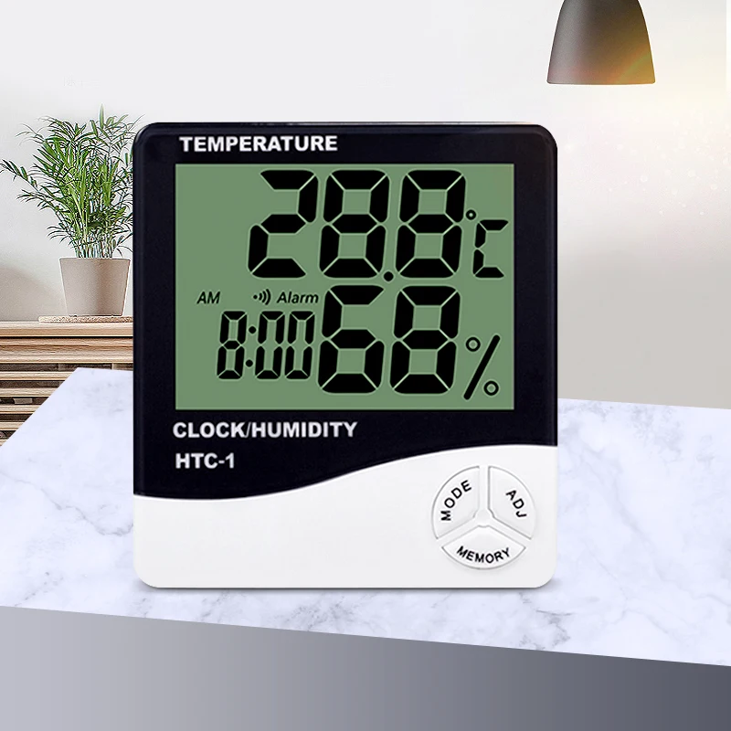 
LCD Electronic Digital Temperature Humidity Meter Thermometer Hygrometer Indoor Outdoor Weather Station Clock HTC-1 C/F Switch 
