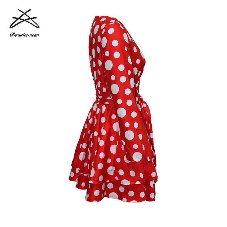 Women V-neck Empire Dress Polka Dot Black Red A Line Spring Long Sleeve Summer Mini Dress For Women