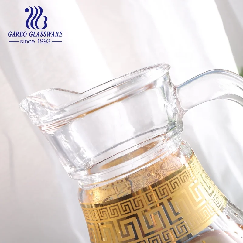 Golden rim glass pitcher and cups set for Arabic tea unfading ion electroplated color glass drinking jug and tumblers set of 7