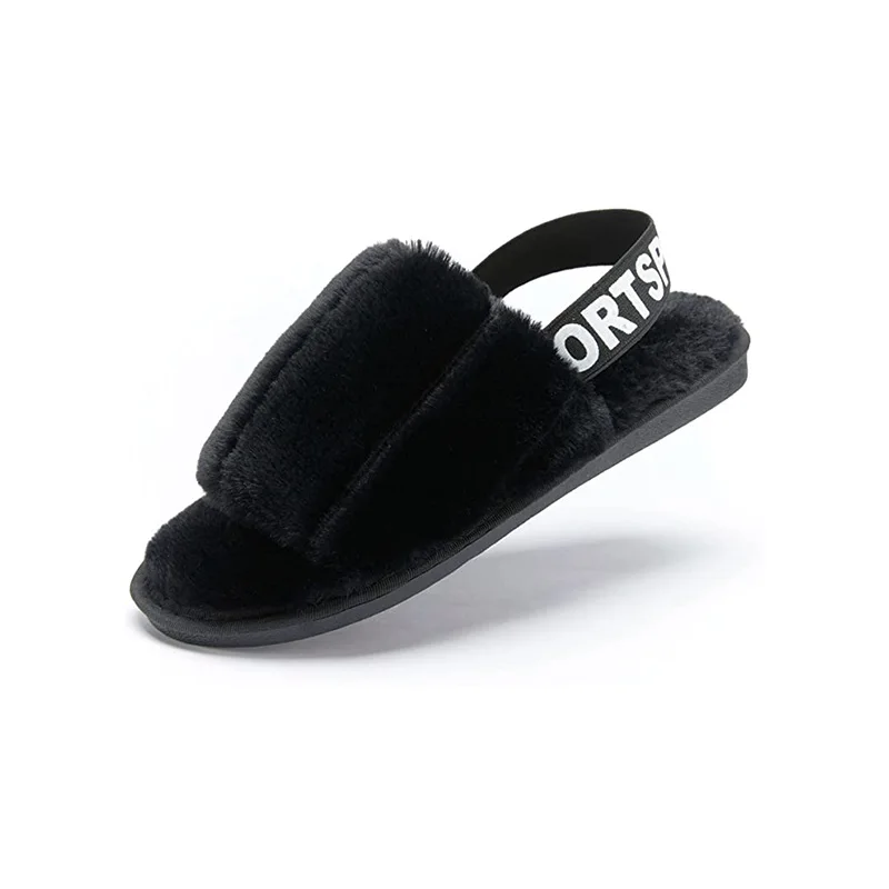 Memory Foam Fur Fluffy Fuzzy Indoor Outdoor House Slipper Sandal Open Toe Warm Comfy Women Slipper with Strap