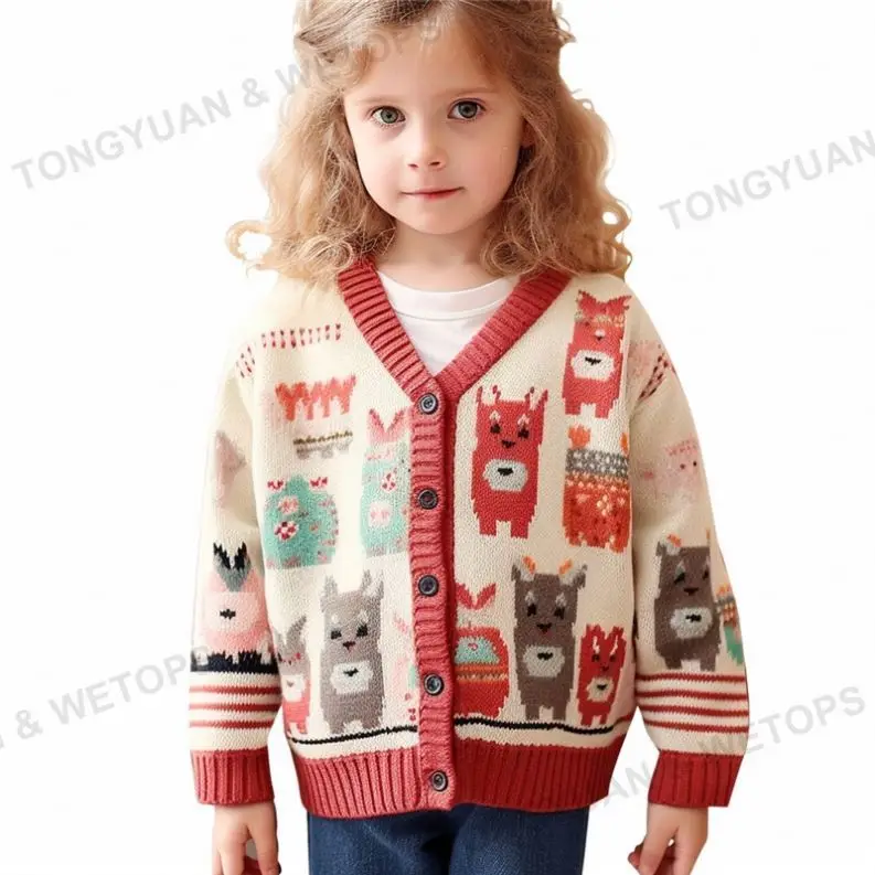 Cute Pattern Long Sleeve Alpaca Little Girls Kids Cardigan Sweater
