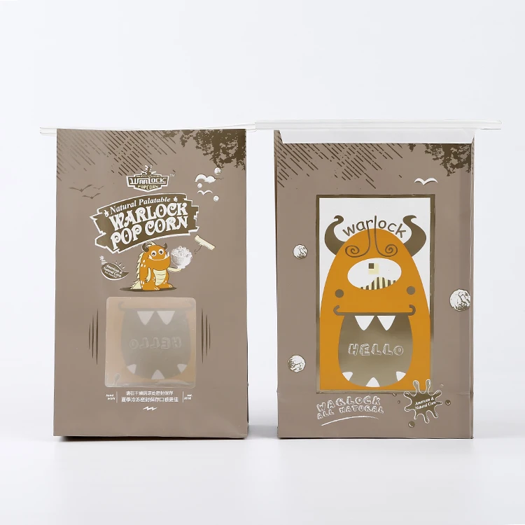 Wholesale Clear Window Chocolate Colored Popcorn Kraft Paper Bag Bakery Dessert Food Bag Side Gusset Bags With Tin Tie