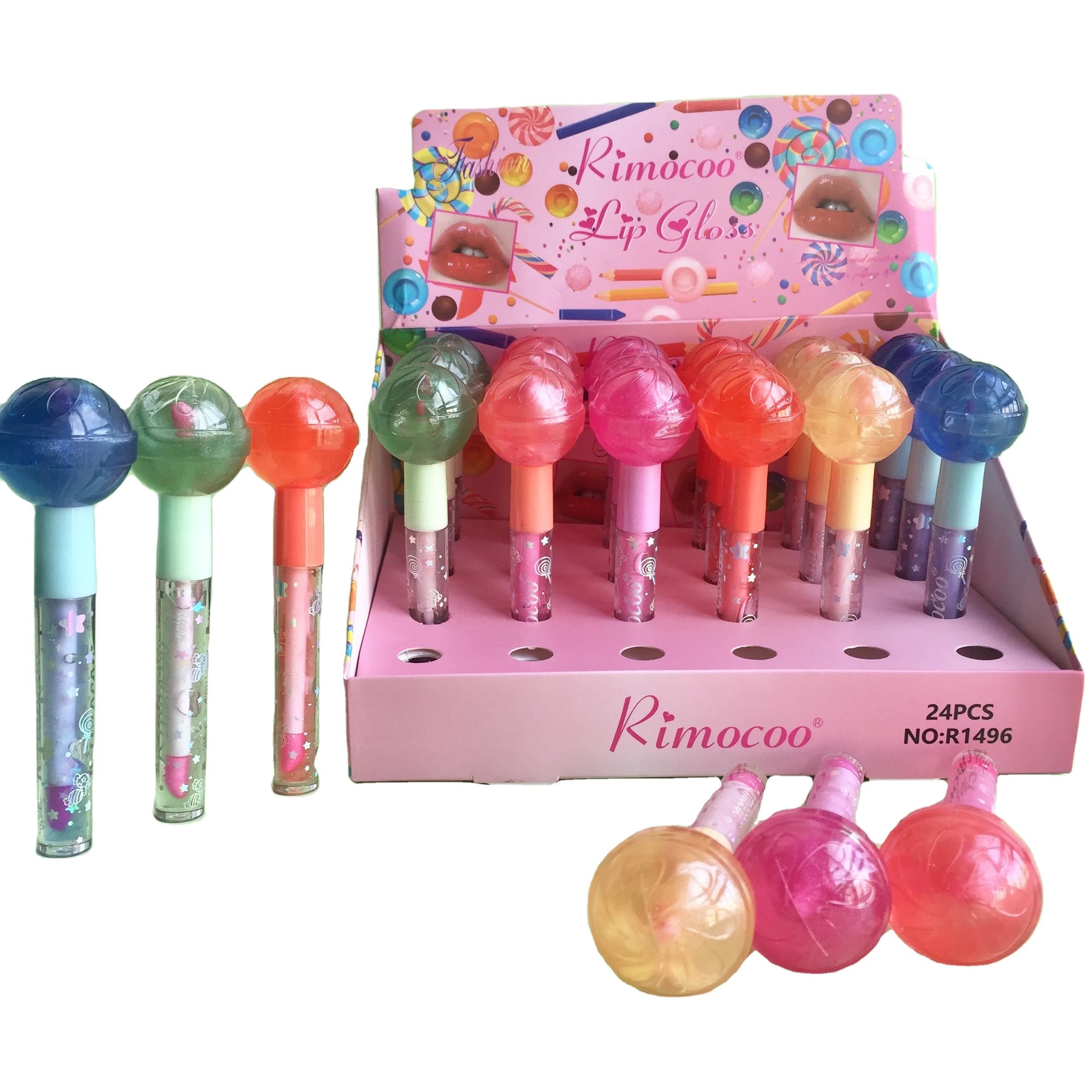 Hot selling candy 24 lollipop lip gloss lip gloss moisturizing glitter waterproof lip oil wholesale