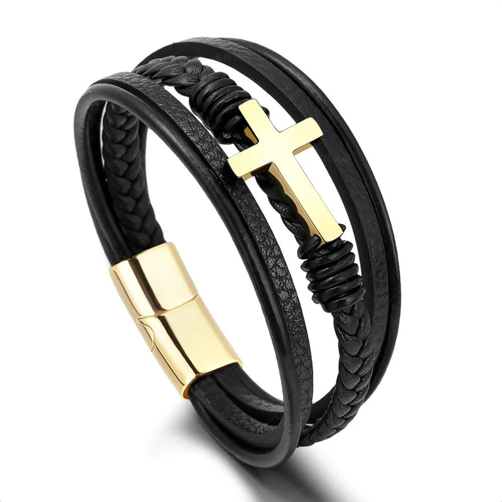 Valentines Day Jewelry Gold Plated Titanium Cross Christian Braided Genuine Leather Bracelet Multilayer for Men