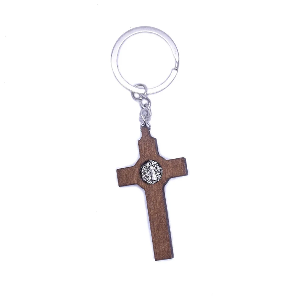 Custom St. Benedict wooden key chain pendant Metal Religious Jesus Keychain With Cross