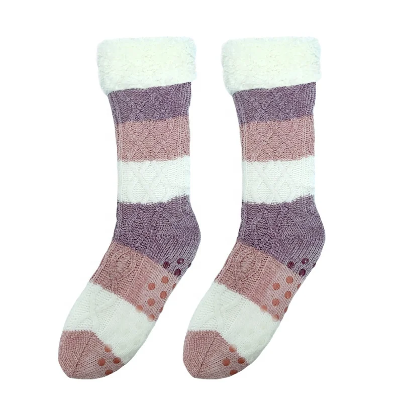 Ladies girls  Knitted Winter  Warm fleece Lined Floor Home Stockings thick Slipper Socks With Anti-slip Grips