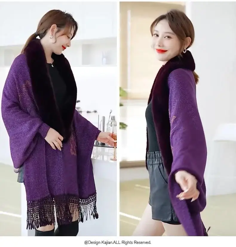 Japanese Korea Women Oversize Embroidered Fur Cloak Winter Knitted Poncho Capes Female Batwing Sleeves Tassel Long Wrap Coat