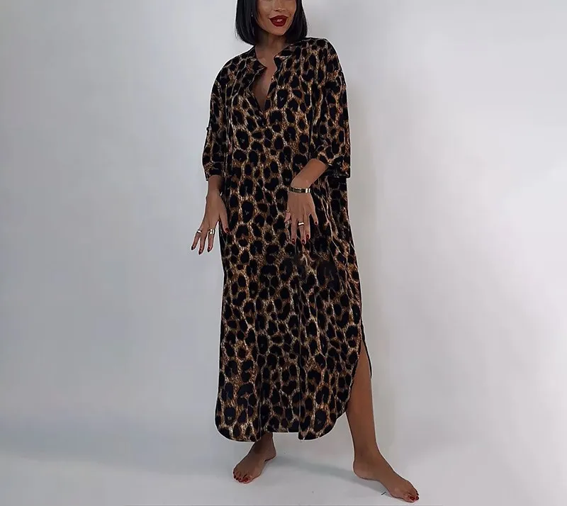 Wholesale Modest belted print floral long dress with long sleeves dress stand collar leopard pattern clothing