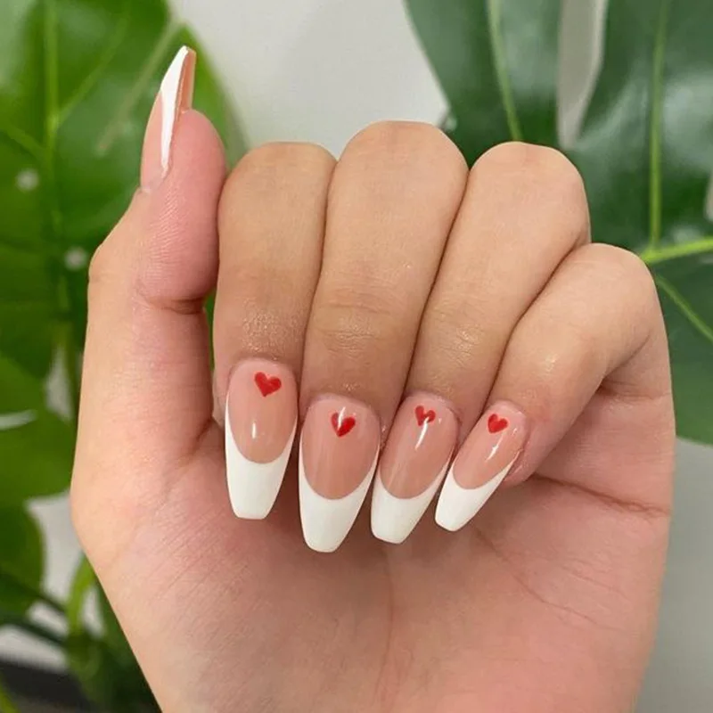 24pcs Short Almond Fake Nails Reusable Jelly Glue Set French Designed Round Press On Nails