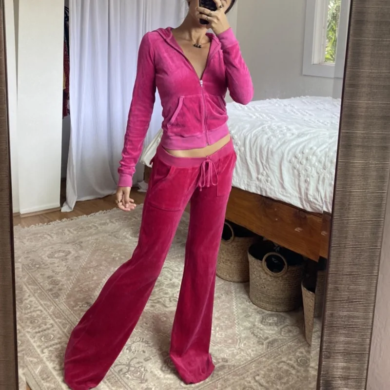Fashion Custom Embroidery Logo Women Fall Velvet Tracksuit Hood Crop Lounges Sets Rhinestone Velour Tracksuits Two Piece Sets