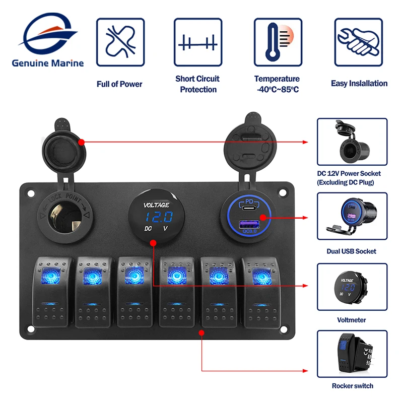 Genuine Marine Switch Panel 6 Switch Panel 6 Gang Marine Rocker Switch Panel