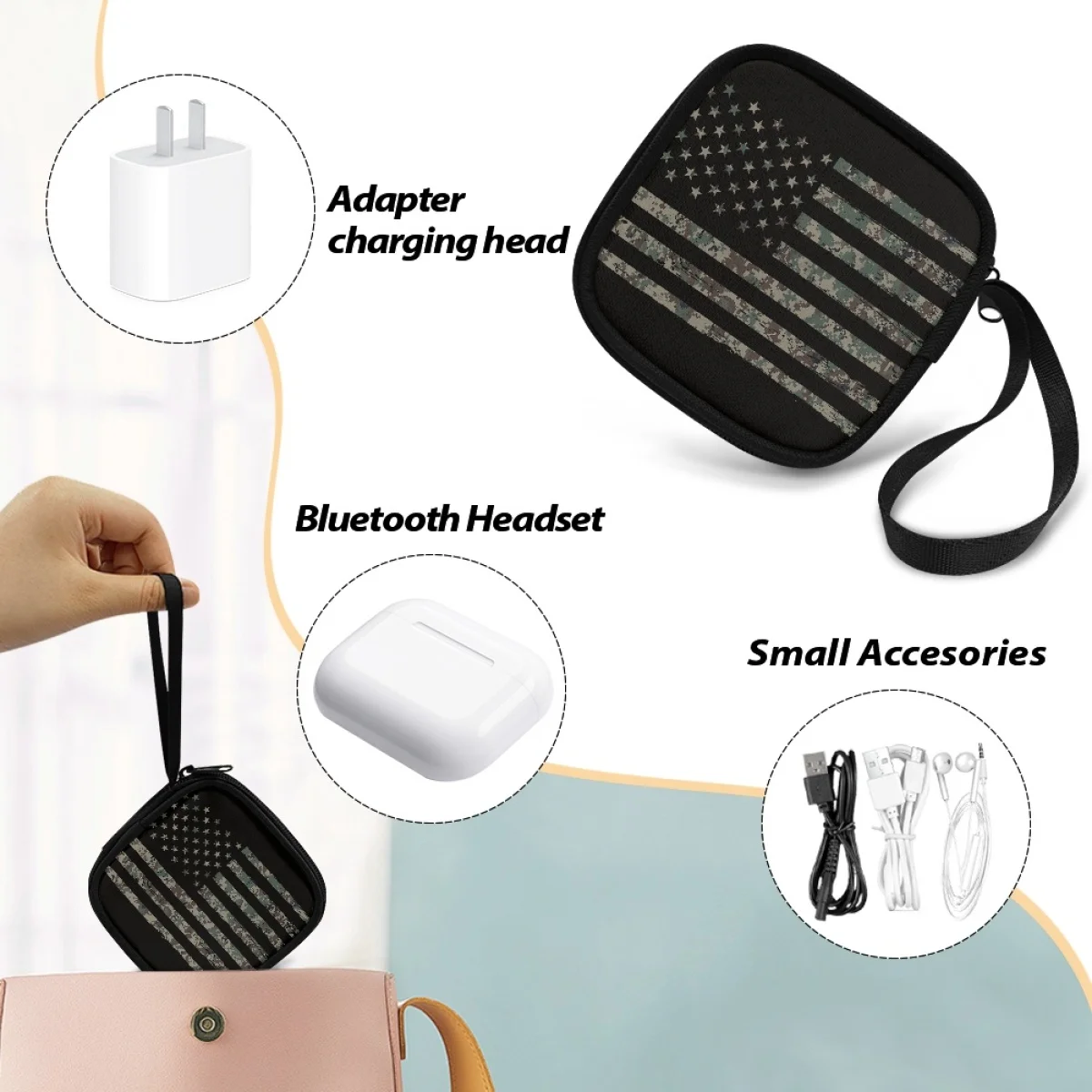 Custom Headphones Carrying Case, Travel Portable Storage Bags for Bluetooth Wireless Headphones Cords Flag  Earbuds Charger