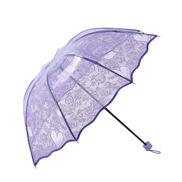New launch Korean lace folding transparent love clear umbrella super thick protection folding umbrella heart lace umbrella