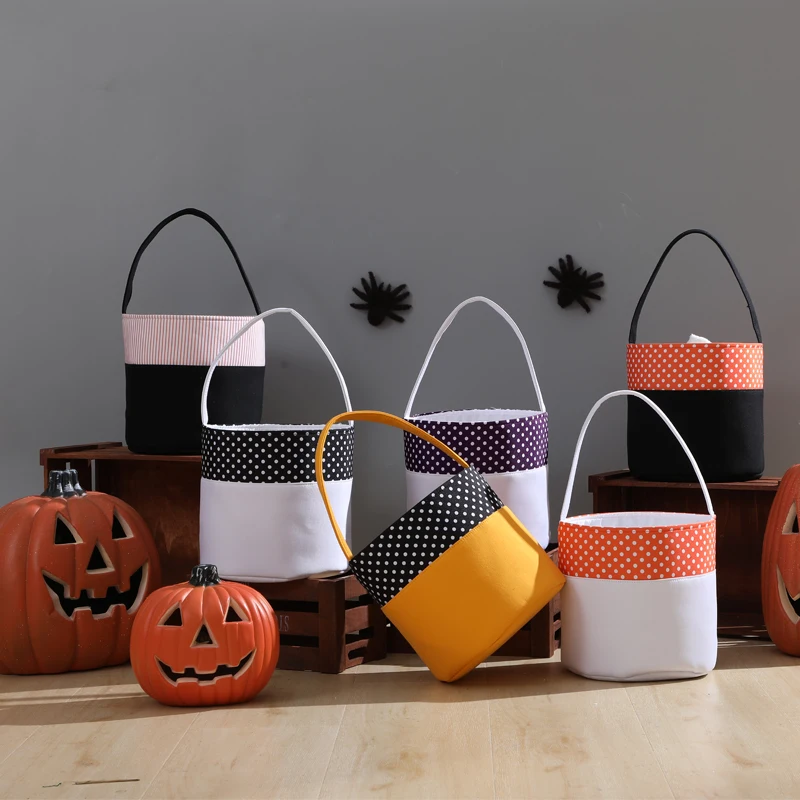 Decoracion Halloween Basket Kid Trick or Treat Bag Candy Polka Dot Orange Halloween Bucket