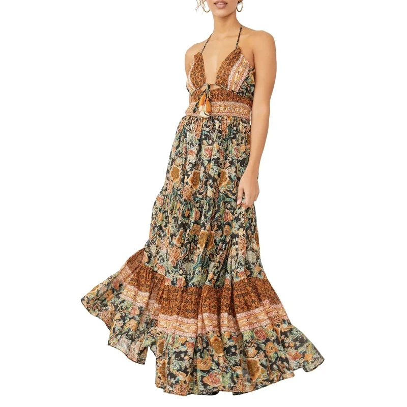 custom design high quality sleeveless ladies dress summer boho embroidered clothes casual print maxi dress women