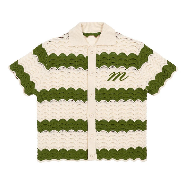 Custom Men Openwork Crochet Sweater Shirts Soft Knitted Top Button Summer Cotton Knit Short Sleeve Knitted Football Jersey