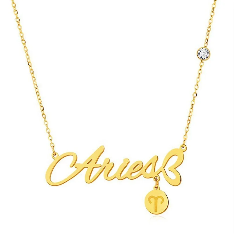 Stainless Steel 12 Zodiac Letter Name Necklace With Round Sign Charm Pendant Dangling Link Chain Necklace Gold Jewelry Women Hot