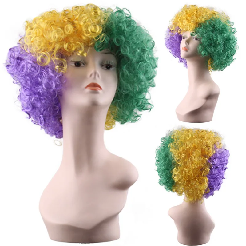Women Girl Mardi Gras Party Costume Wig Purple Green and Yellow Colored Wavy Curly Cosplay Wig