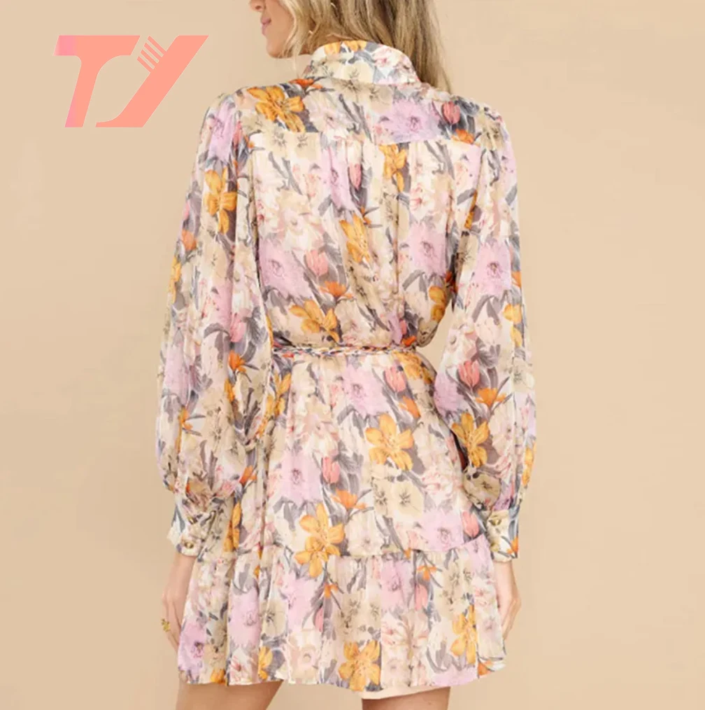 TUOYI Custom High Quality Autumn Fashion Women Long Sleeve Shirt Skirt Floral Print Ladies Lapel Corset Vintage Short Dresses