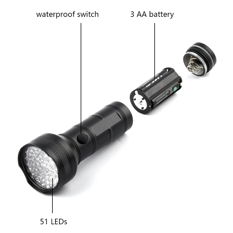 OBSHORSE Ultraviolet 51 LEDs UV Blacklight Flashlight Torches Rechargeable Black Light 365nm UV Flashlight