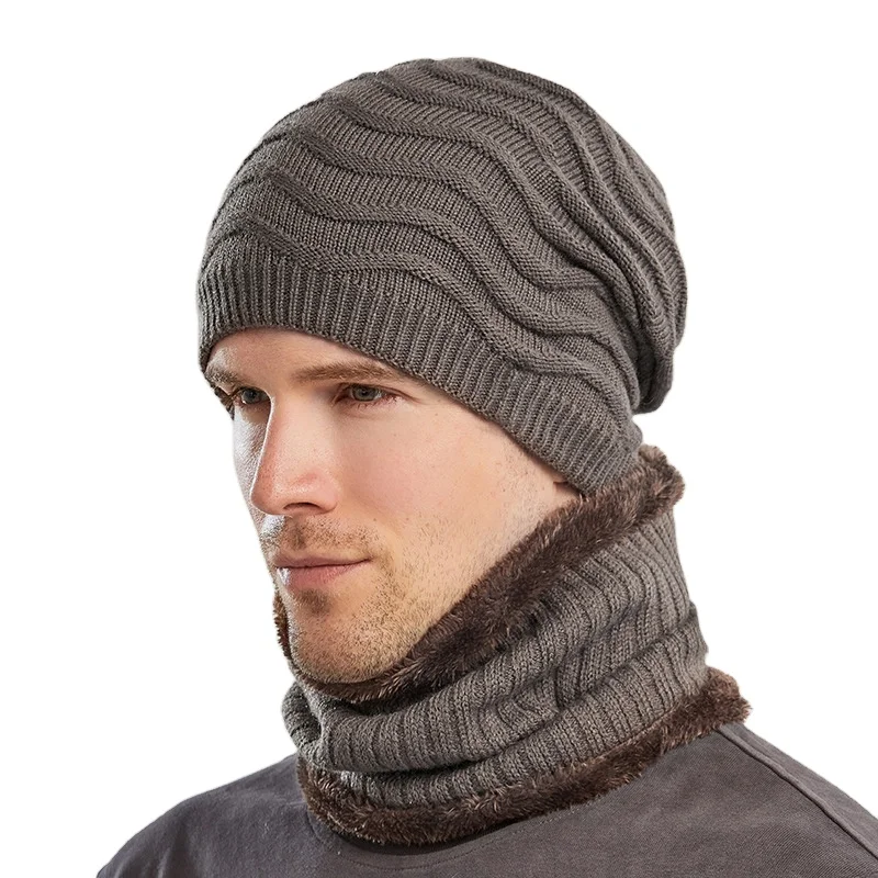 2022 New Plain Dyed Knitted Hat Mens Winter Warm Knitting Wool Hat mask scarf three-piece set