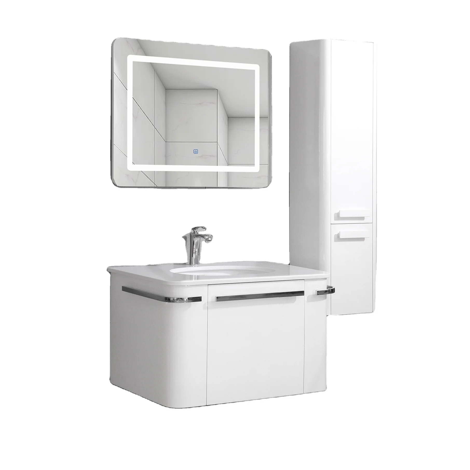 Factory directly modern hotel hanging waterproof mirror wash basin vanity pvc bathroom cabinet with side cabinet