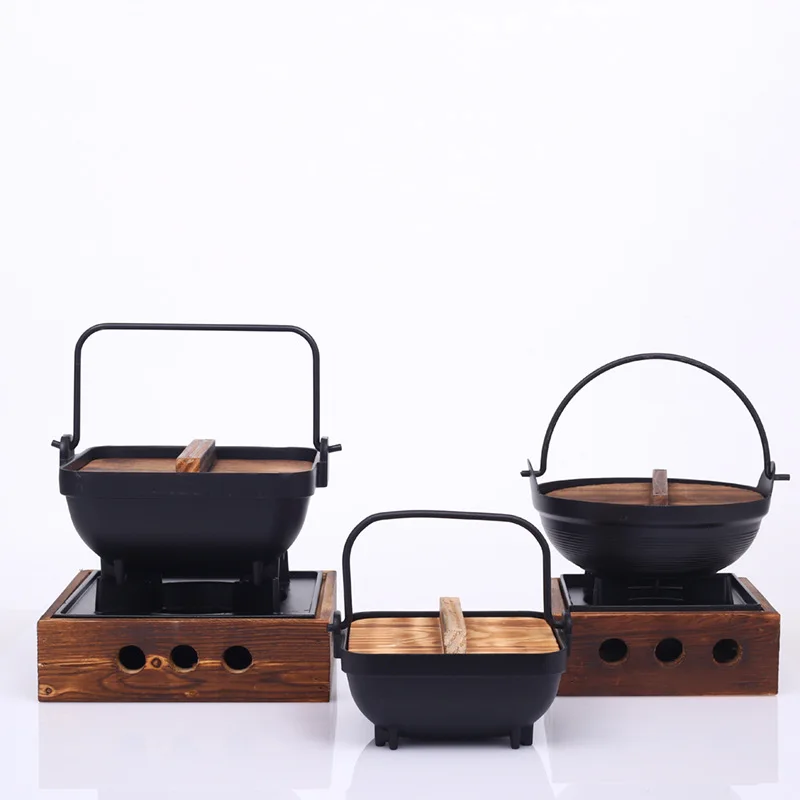 Sukiyaki Iron Pot with Wooden Lid Hot Pot Japanese Hanging Stove Restaurant Cooking Set