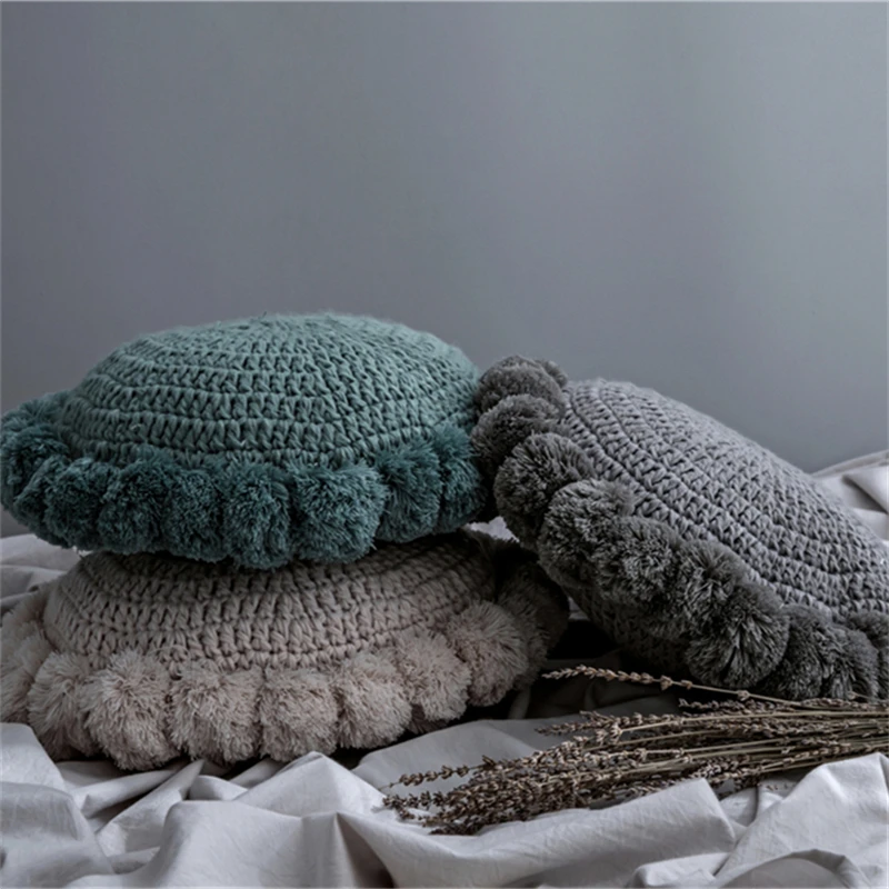 YIRUIO XN Boho Crochet Knitted Acrylic Pompom Pillowcase Cushion Cable Design Round High Quality Home Decoration