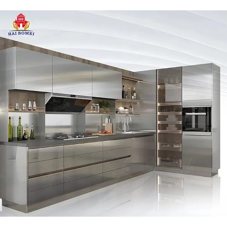 High Gloss foshan complete Set Modular stainless steel Indoor metal china habging ready made aluminum Kitchen Cabinets with sink