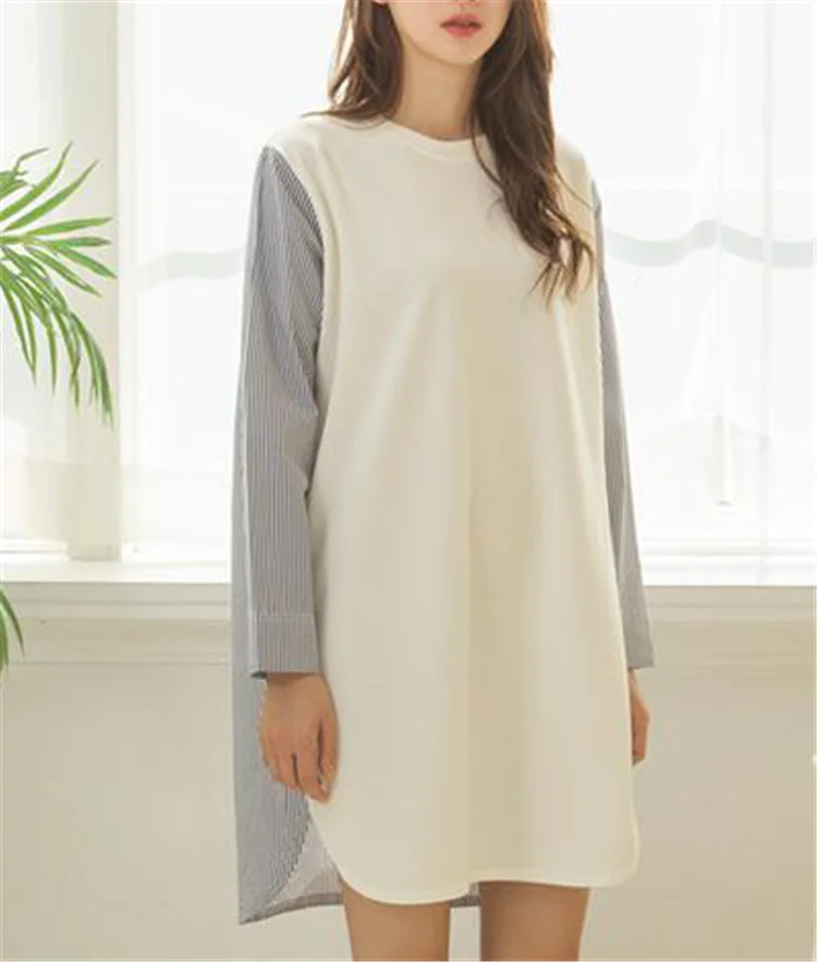 
95%cotton 5%spandex 100%cotton Ladies fashion knitted stitching woven striped dress 