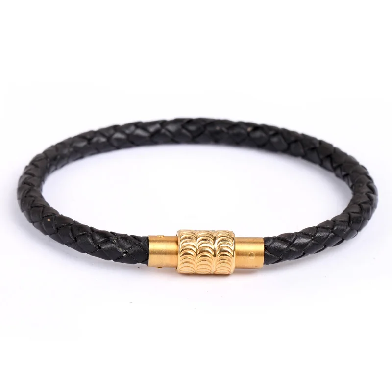 Classic style 6mm thin plain stainless steel braid black leather magnetic bracelets