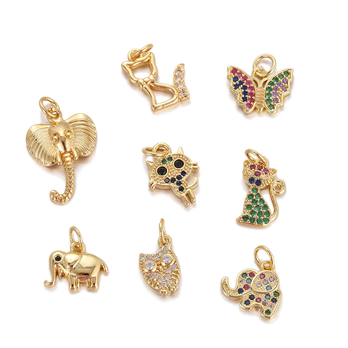 Trendy Colorful Cute Cat Owl Elephant Pendant Gold Plated Cubic Zirconia Ornament Accessories Wholesale