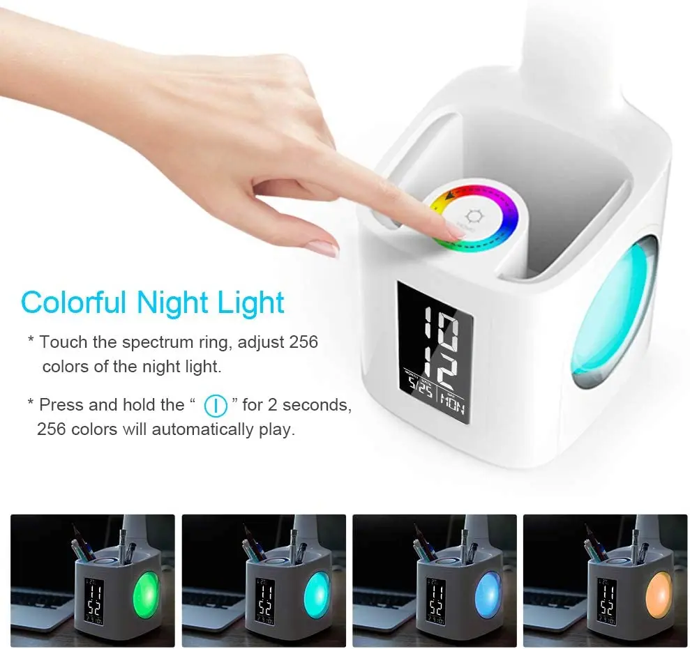 Dimmable Study LED Desk Lamp with USB Charging Port&Screen&Calendar&Color Night Light Pen Holder&Clock