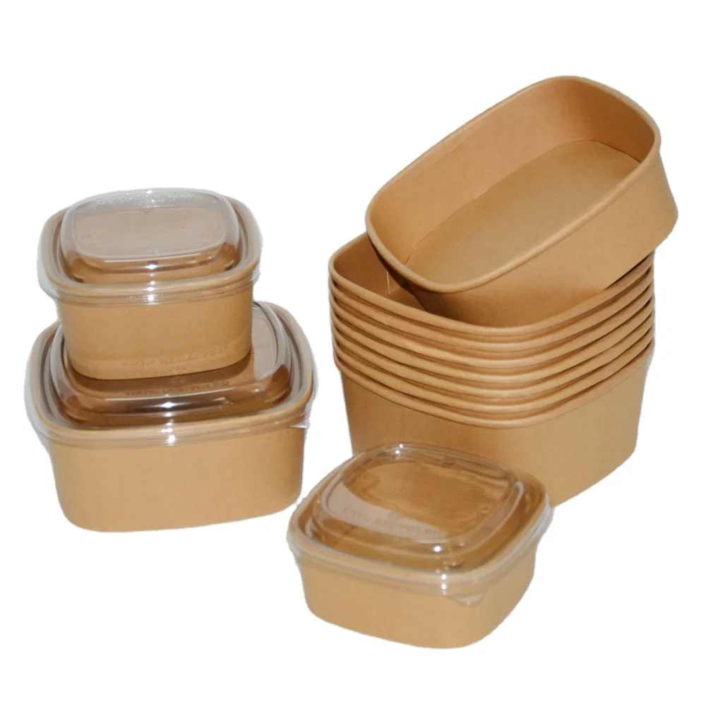 Customizable Kraft paper container single use 500 ml 650 ml 1000 ml and 1320 ml square salad paper box bowl with paper or plasti