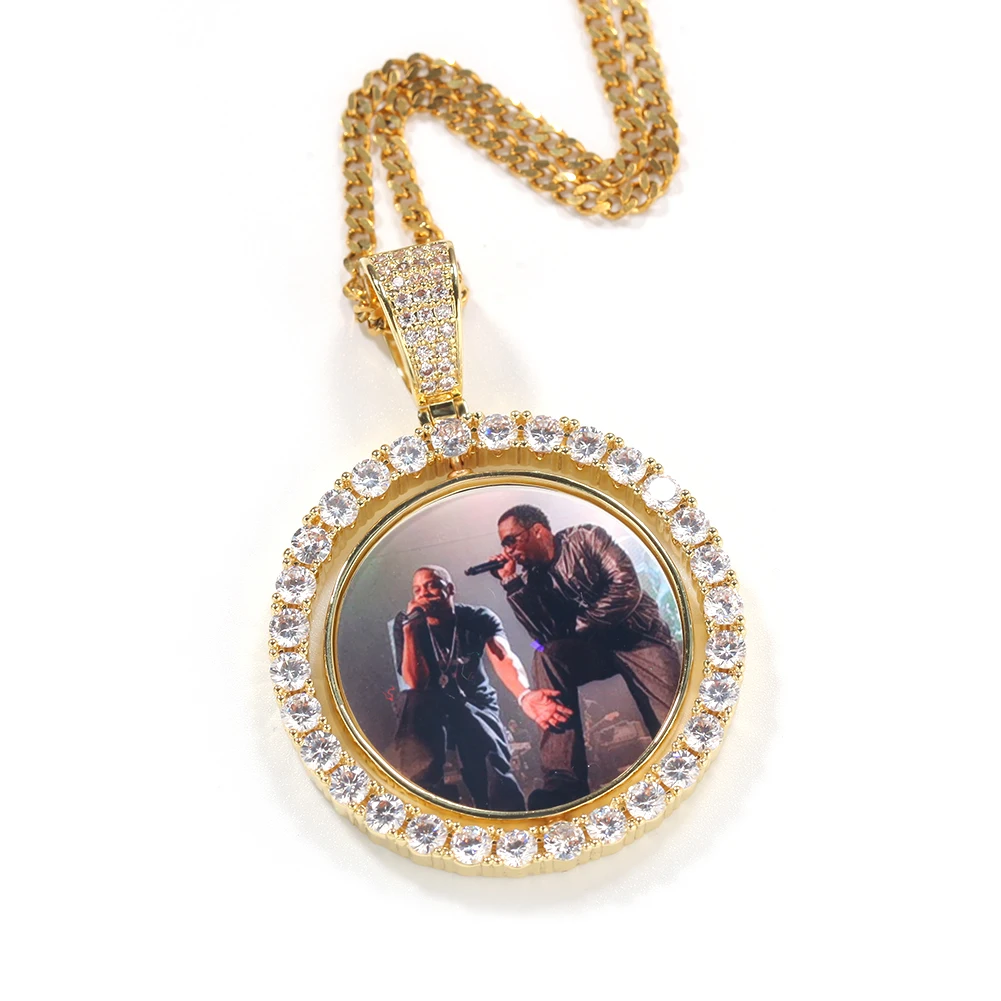 Double Face Round Photo Custom Necklace Pendant Tennis Chain Gold Cubic Zircon Spin Picture Necklace Hip hop Jewelry