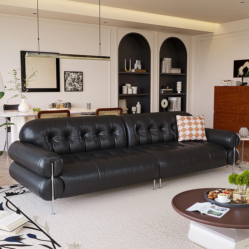 Minimalist Pure Black Leather Sofa Set Light Luxury Sofa Retro Straight Row Mid-ancient Style For Living Room Sectional sofa