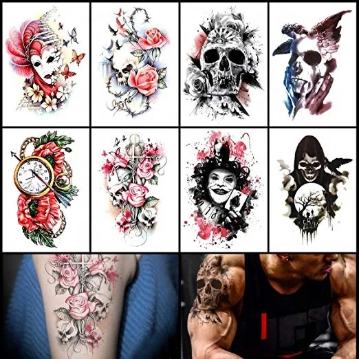 1Set(4pcs)Half Arm Skull Rose Halloween Poker CMYK Temporary Party Decoration Body Art Tattoo Sticker
