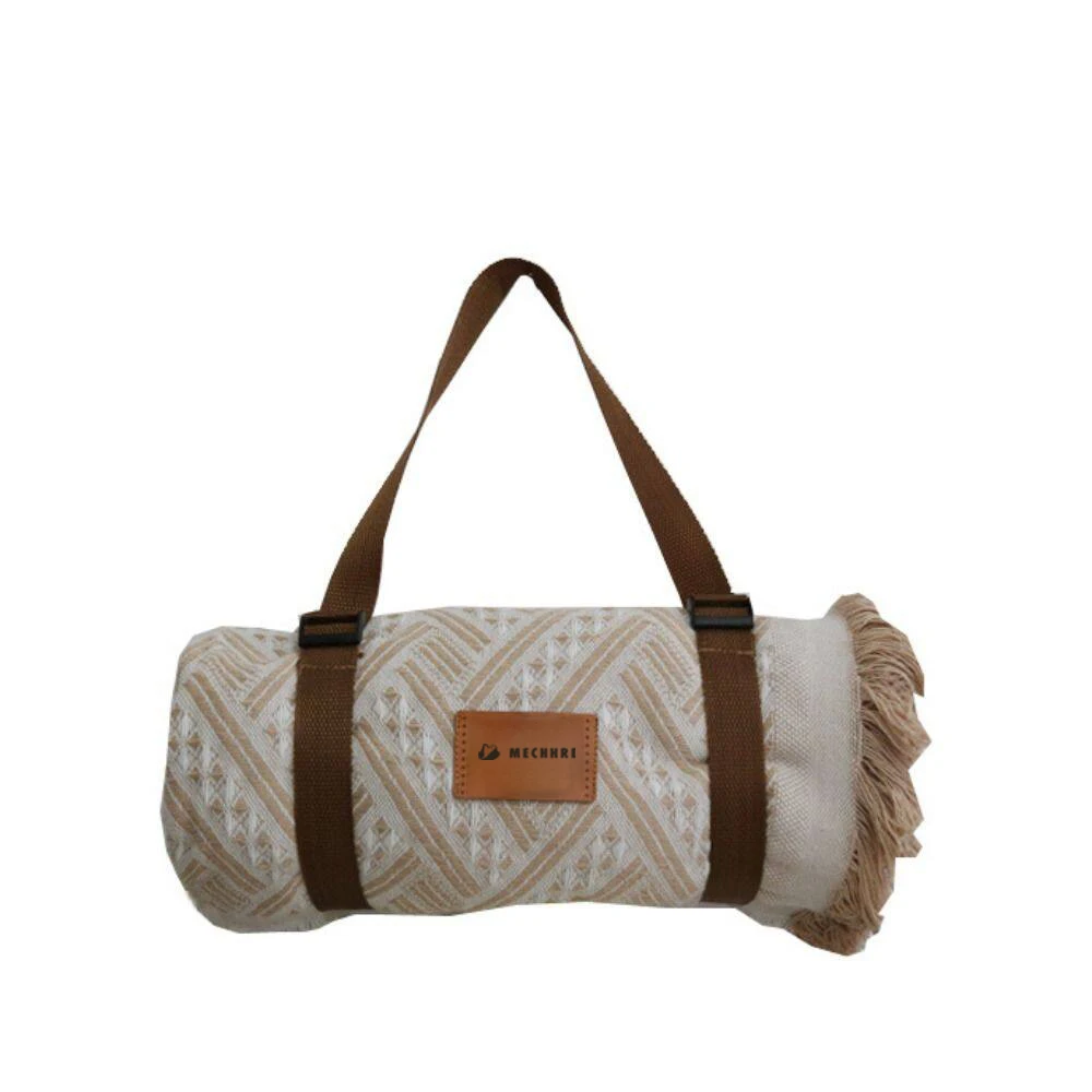 Ins Style Wholesale Portable Woven Bohemian Boho Picnic Blanket Rug Cotton Tassels With Leather Strap