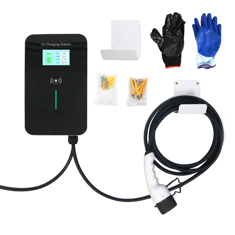 22KW 32A LCD Display EV Wallbox Wall Mounted EV Charging Station With 7KW Type2 Plug EV Cable