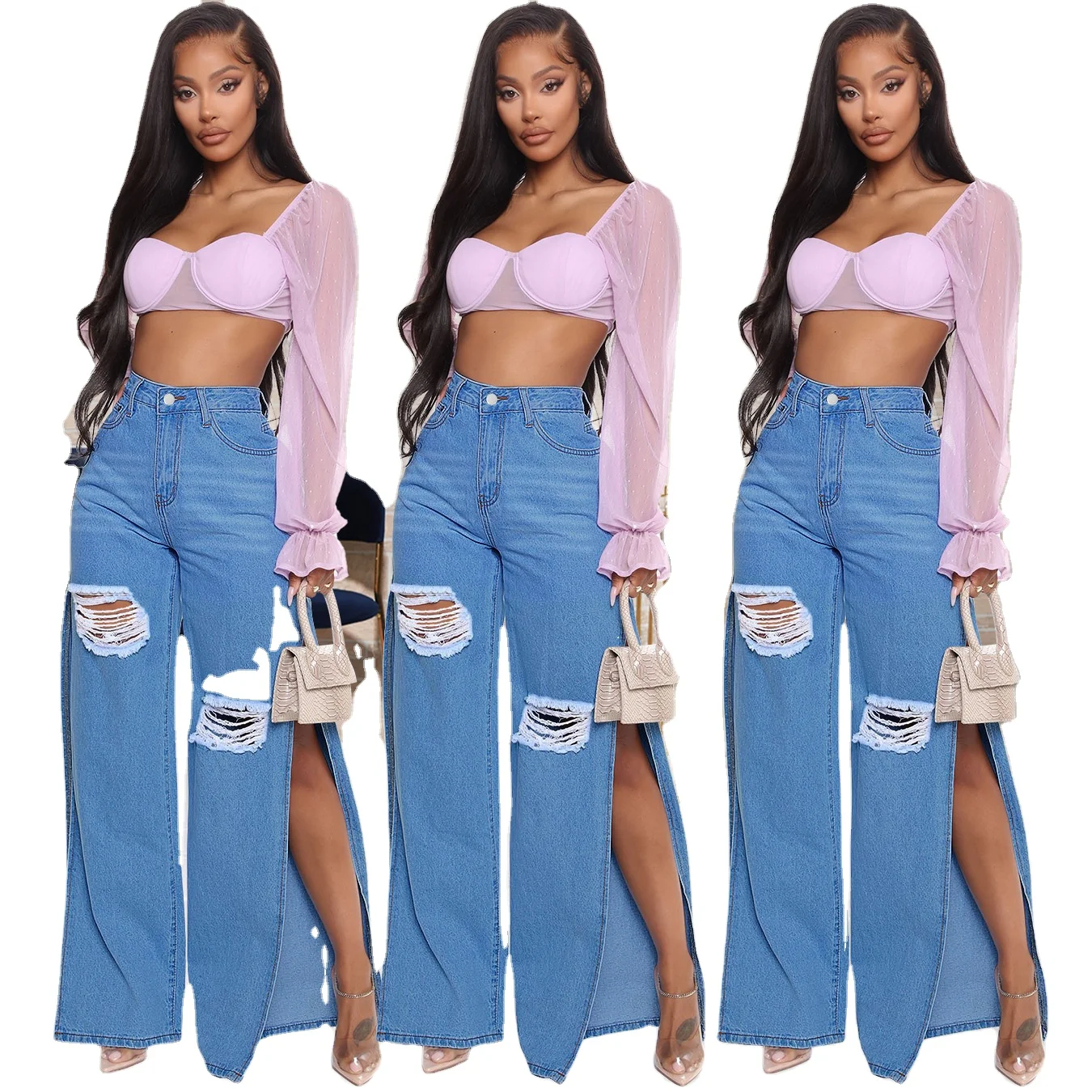 
New Arrival 2021 Solid Color Casual Women Split Ripped Baggy Straight Leg Style Denim Jeans 