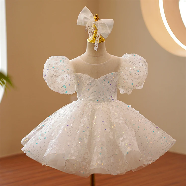 Fashion Summer Puff Sleeve Sequin Flower Girl Birthday Party Wedding Gown 2-12 Years Children Dresses